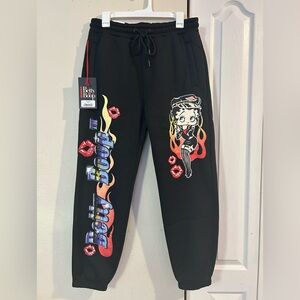 Betty Boop Black Sweatpants with Flame and Lip Design